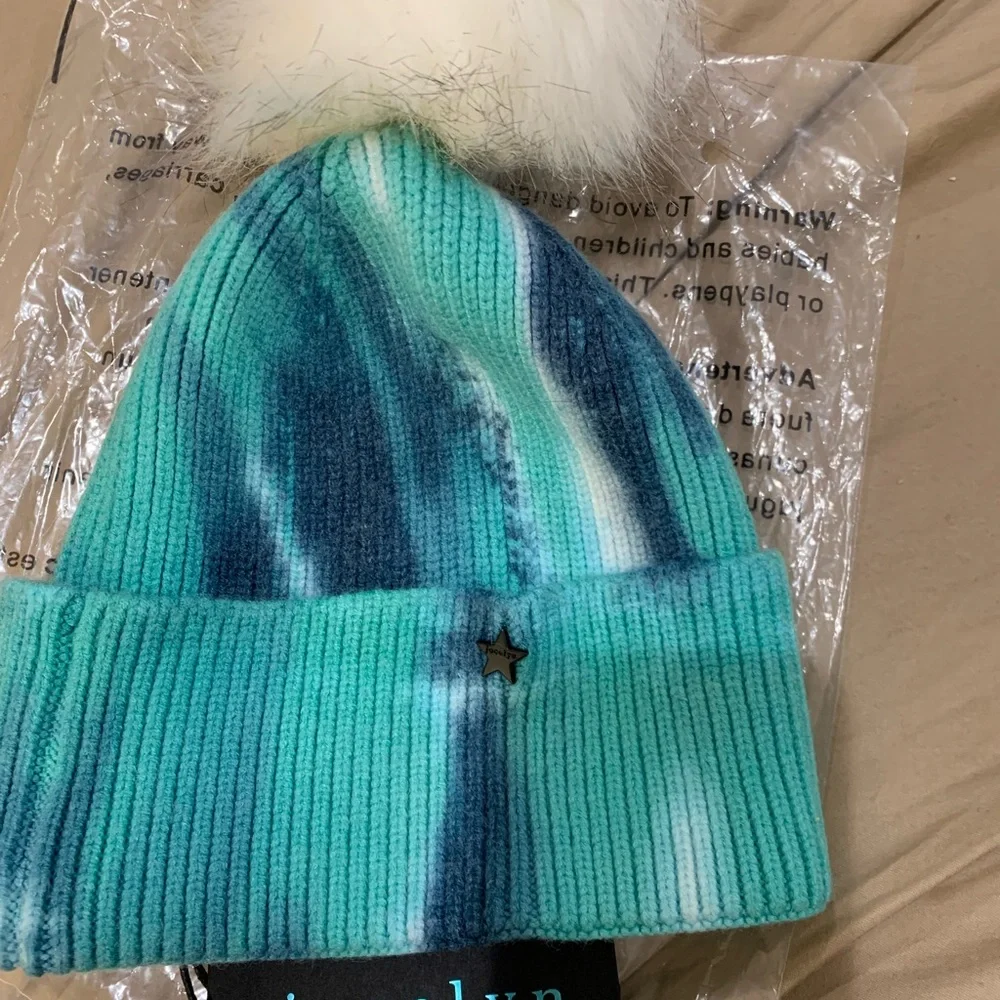 jocelyn Aqua Tie-Dye Beanie with White Pom